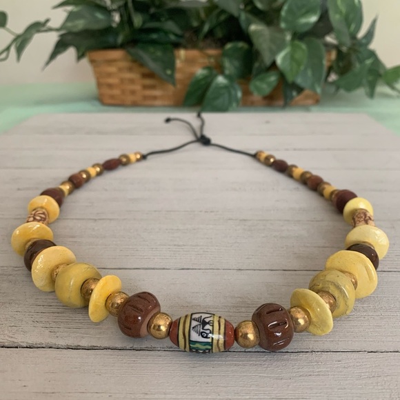 Tribal Boho Necklace Wood Ceramic African Ethnic Brass Painted Porcelain Bead 26 - Picture 7 of 16